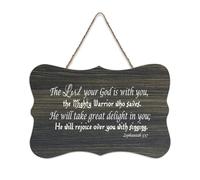Panneau en bois rustique à suspendre avec citation « The Lord Your God Is with You, The Mighty Warrior Who Saves, He Will Take Great Delig » - Décoration murale en bois pour salon, chambre à coucher