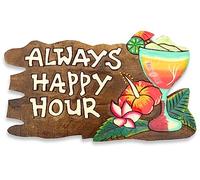 Panneau en bois rustique coloré avec lettrage « Always Happy Hour », verre à cocktail à fleurs, art du bar Tiki