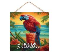 Panneau en bois rustique établi « Hello Summer » - Décoration murale pour perroquet extérieur - Images tropicales colorées - Décoration murale mignonne pour chambre à coucher - 30,5 x 30,5 cm