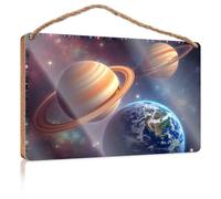 Panneau en bois rustique explorant les planètes : Saturne, Jupiter et Terre dans l'espace Panneau en bois amusant pour salle de bain garde-manger pour cuisine (20 x 30 cm)