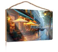Panneau en bois rustique « Rainy Night In Parisian Café » - Décoration de porche - Panneau de bienvenue en bois d'extérieur (15 x 28 cm)