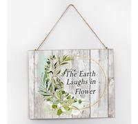 Panneau en bois « The Earth Laughs In Flower » - Décoration primitive vintage - Guirlande artistique - Feuilles vertes - Plaque positive en bois pour chambre d'enfant, salle de bain, porche - 25,4 x