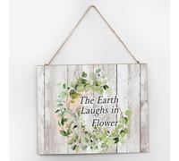 Panneau en bois « The Earth Laughs In Flower Established » - Décoration murale de ferme - Couronne de fleurs - Panneaux floraux à suspendre pour salle à manger, bureau, porche - 25,4 x 30,5 cm
