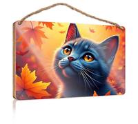 Panneau en bois « Toilet Rules » pour salle de bain, feuilles d'automne et chat curieux, décoration de porche, cadeau de jardin (15 x 28 cm)