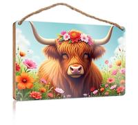 Panneau en bois « Toilet Rules » pour salle de bain - Vache des Highlands dans un jardin fleuri - Décoration de porche d'automne - Cadeaux de jardin (15 x 28 cm)