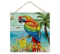 Panneau en bois vieilli « It's Five O'clock Somewhere » - Décoration primitive pour porche, plage, vacances, perroquet - Décoration murale motivante pour bureaux - 30,5 x 30,5 cm