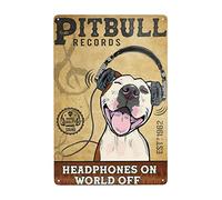 Panneau en étain amusant avec écouteurs Pitbull On World Off - Décoration murale rétro pour maison, cuisine, bar, café, salle de bain, club, grotte - 20,3 x 30,5 cm