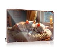 Panneau en étain avec inscription « Man Cave » et décoration « Three Cats Dreaming Peacefully On A Soft Pillow By The Window » - 30 x 40 cm