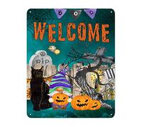 Panneau en étain avec inscription « Welcome Boo » et citrouille, motif chat, cimetière, toile d'araignée, décoration murale moderne pour maison, jardin, café, cuisine, bar - 30,5 x 40,6 cm