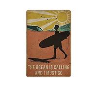 Panneau en étain en métal « The Ocean Is Calling And I Must Go » - Affiche d'art vintage rétro - Peinture sur fer - Décoration murale - Cadeau artistique pour extérieur, café, bar, garage, ferme - 30,