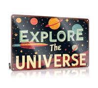 Panneau en étain « Explore The Universe With Us » - Accessoire de chambre à coucher - 20 x 30 cm