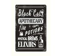 Panneau en étain pour apothicaire de chat Potions fines et élixirs - 20,3 x 30,5 cm - Décoration murale vintage - Noir et blanc