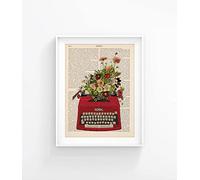 Panneau en étain vintage avec motif de machine à écrire - Illustration vintage - Fleurs - Décoration murale - Page de livre d'art - Affiche rétro - Livre vintage - Plaque en métal - 15,2 x 20,3 cm