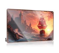Panneau en étain vintage Castle By The Sea : A Pirate's Sunset Adventure - Décoration murale pour bar - 30 x 40 cm