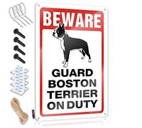 Panneau en étain vintage pour chambre à coucher avec inscription « Beware! Guard Boston Terrier On Duty » (20 x 30 cm)