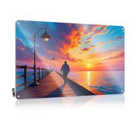Panneau en étain « Warning A Person Walks Along A Wooden Pier As The Sun Sets, Casting Warm Hues Across The Sky » - Décoration murale (30 x 40 cm)
