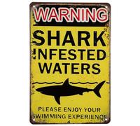 Panneau en Étain Warning Shark Infested Waters Plaque Vintage Metal Classiques Plaque Decorative Fraîche Affiche Fer pour Toilettes Jardin Garage 20X30CM
