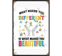 Panneau en étain « What Makes You Different Is What Makes You Beautiful Autistic Support Be Positive Aspire to Inspire Happy Life » - Décoration pour cuisine, maison, bureau, bar, café - 20,3 x 30,5