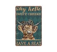 Panneau en étain Why Hello Sweet Cheeks Have A Seat, affiche murale en forme de vache, cadeau pour fermier, impression d'animal drôle, panneau en métal vintage, décoration murale en fer, pour bar, clu