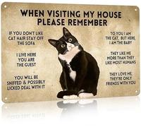 Panneau en métal amusant avec chat de smoking « When Visiting My House Please Remember » - Décoration murale vintage pour maison, salon, appartement, café, ferme, 15,2 x 20,3 cm