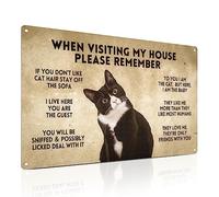 Panneau en métal amusant avec règles de chat de smoking 30 x 20 cm - When Visiting My House Please Remember - Décoration d'appartement chat noir pour les amoureux des chats, décoration de chambre