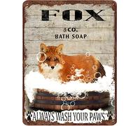 Panneau en métal amusant en forme de renard pour salle de bain - Décoration murale vintage - Inscription « Wash Your Paws » - Pour maison, bureau, appartement, hôtel - 14 x 20 cm - Cadeau d'anniversaire, de pendaison de crémaillère