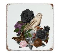 Panneau en métal amusant pour Halloween, chouette, squelette, fleur, décoration d'intérieur, plaque en métal pour porte d'entrée, terrasse, garage, noir et blanc, animal nordique, poster d'art pour la