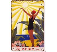 Panneau en métal amusant Sunshine Calabre Italie Paradise Beach Girl Welcome The Sun Voile Fleurs Voiliers Tourisme Voyage Vintage Rustique Art mural en métal Poster en métal 20,3 x 30,5 cm