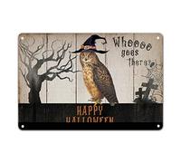 Panneau en métal avec hibou d'Halloween avec chapeau de sorcière « Who Gose There », affiche de fête de vacances maléfique à suspendre, décoration murale, cadeau de bienvenue pour amis, famille