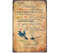 Panneau en métal avec inscription « To My Husband First Kiss First Love » - Motif libellule - Pour la maison, la ferme, l'extérieur, la salle de bain, le restaurant, les cafés, les bars, les clubs, la