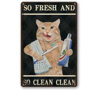 Panneau en métal avec motif chat orange pour salle de bain - Décoration murale rétro - Poster de chats si frais et propres - Brossez vos dents - Vintage - Avec image de toilette - 15,2 x 20,3 cm