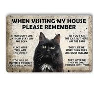 Panneau en métal avec motif chat « When Visiting My House Please Remember » - Décoration murale vintage en forme de chat noir - Décoration d'intérieur - Cadeau pour les amoureux des chats - 20,3 x