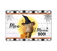Panneau en métal avec motif vache d'Halloween avec chapeau de sorcière et citrouille, panneau à carreaux noir et blanc, panneau en métal à motif Moo I Mean Boo pour porte d'entrée de cuisine, véranda