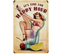 Panneau en Métal C'est L'Heure De L'Happy Hour Pin Up Girl Plaques en Fer Mural Style Drôle Plaque Metal pour Homme Caves Décoration Murale Salle Bain S