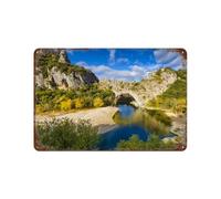 Panneau en métal en étain,Arc Naturel sur la rivière au Pont d'arc en Ardèche, France,Tin Sign Vintage Decor Cave Café Bar Chambre Maison Décoration murale nostalgique en étain(20x30cm)8x12 inch-234
