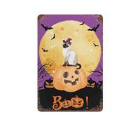 Panneau en métal « Fall Happy Halloween » - Citrouille Boo pleine lune - Chat noir - Décoration murale pour maison, bar, café - 20,3 x 30,5 cm