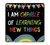 Panneau en métal « First Day of School Signs I'm Capable of Learning New Things » - Décoration de salle de classe - Motif crayon arc-en-ciel - Vintage - Cadeau pour enfants - 38,1 x 38,1 cm