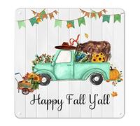 Panneau en métal « Happy Fall Y'all » avec motif vache sur camion de ferme, citrouille, fleur fraîche, décoration murale d'automne, cadeau de Thanksgiving, décoration d'intérieur de style campagnard