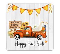 Panneau en métal « Happy Fall Y'all » en forme de canard sur un camion de ferme, citrouille fraîche, tournesol, bannière en étain, panneau de bienvenue d'automne, cadeau de Thanksgiving, décoration de