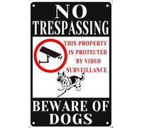 Panneau en métal « No Trespassing » avec inscription « Beware Of Dog » - Panneau d'avertissement pour chien en service - Inscription « This Property Is Protected By Video Surveillance Beware Of Dogs