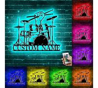 Panneau en métal personnalisé avec lumières LED, baguettes tenant à la main, art mural, nom du batteur personnalisé, panneaux en métal, décoration de club de musique, cadeau pour hommes, femmes