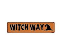 Panneau en métal personnalisé Halloween Witch Way Country - Chapeau de sorcière - Décoration murale jaune pour dortoir et porte d'entrée - 10,2 x 45,7 cm