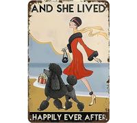 Panneau en métal rétro avec chien caniche noir et elle a vécu heureux pour toujours, décor rustique, plaque en étain vintage pour la maison, la cuisine, le bar, le café, le club, la grotte, décoration