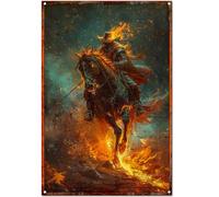 Panneau en Métal Scène De Bataille Entre Le Guerrier des Flammes Infernales Et Son Destrier Plaques en Fer Mural Grotte d'homme Plaque Metal pour Club Toilettes Décoration Murale S