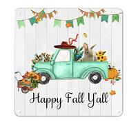 Panneau en métal « Thanksgiving Rabbit on Truck » - Bannière citrouille - Fleur fraîche - Panneau « Happy Fall Y'all » - Style shabby chic - Style maison de campagne - Cadeau pour voisin, amis