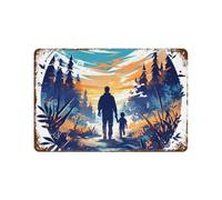 Panneau en Métal Un Père Et Son Fils Marchant sur Un Chemin Magique À L'Aube Plaques en Fer Mural Style Drôle Plaque Metal pour Club Homme Caves Salle Bain S