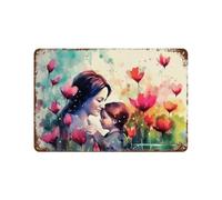 Panneau en Métal Une Mère Et Son Enfant Se Regardant Au Milieu d'un Champ De Fleurs Colorées Panneau Métallique Grotte d'homme Plaque Metal pour Décoration Murale Salle Bain Toilettes S