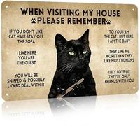 Panneau en métal vintage amusant avec chat noir « When Visiting My House Please Remember » - Décoration murale pour maison, salon, chambre à coucher, chaton - 20,3 x 30,5 cm (3005)