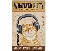 Panneau en métal vintage avec casque Kitty - Sorry Can't Hear You - Décoration murale pour bureau, bar, café, ferme, 20,3 x 30,5 cm