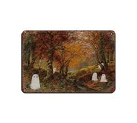 Panneau en métal vintage avec fantômes mignons dans la forêt d'automne pour pub, club, café, bar, maison, décoration murale, affiche rétro 20 x 30 cm